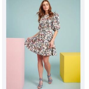 Rachel Parcell‎ RETRO Floral Print Puff Sleeve Fit & Flare Dress L WEDDING GUEST